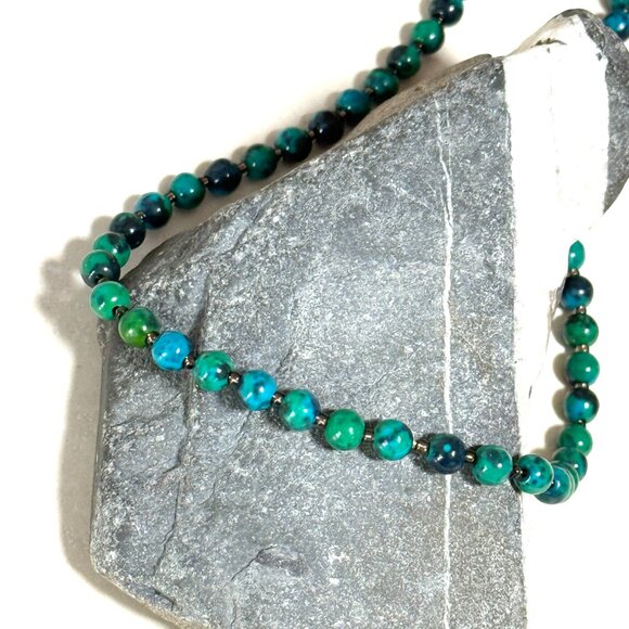 Teal Chrysocolla Short Necklace, Beaded Genuine Gemstone Adjustable Necklace - Picture 3 of 10